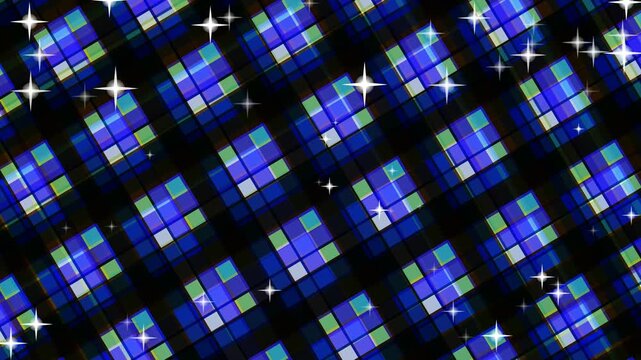 A mesmerizing pattern of blue and green squares with sparkling stars on a dark background viewed from directly above