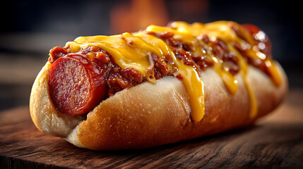  Chili Cheese Dog with Melted Cheddar and Hearty Chili Topping in Soft Bun, Close-Up Food Shot