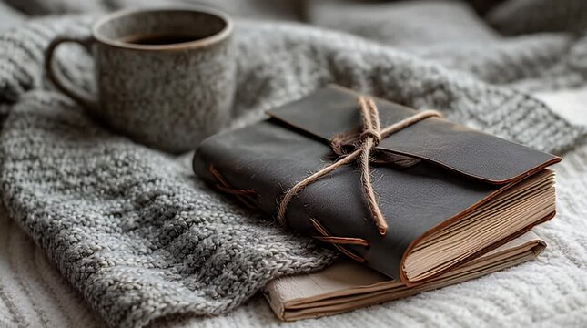A cup of coffee beside a leather-bound journal and a stack of books, resting on a soft, gray knitted blanket. A cozy, rustic scene