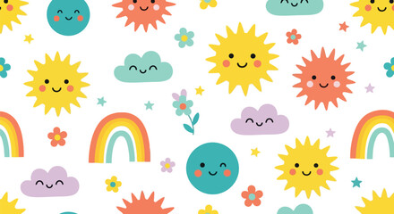 Fototapeta premium Cute Sun Rainbow Cloud Vector Pattern Seamless Kids Cartoon Background for Nursery Decor