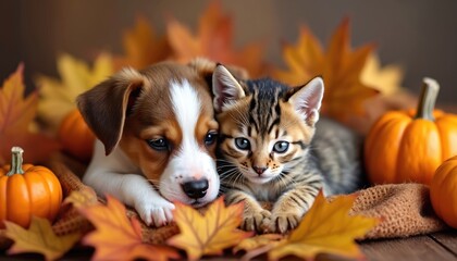Naklejka premium Puppy and kitten cuddle together amidst autumn leaves and pumpkins. Small dog and cat friends rest on cozy blanket. Seasonal fall background with small gourds.