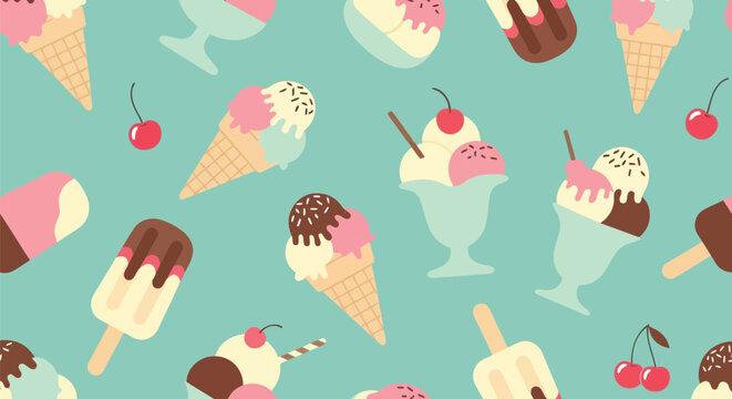 Ice Cream Vector Pattern with Popsicles and Sundaes on Blue Background for Summer Designs