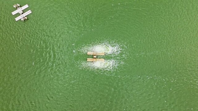Drone ascending top-down shot showing active aeration in green fish pond