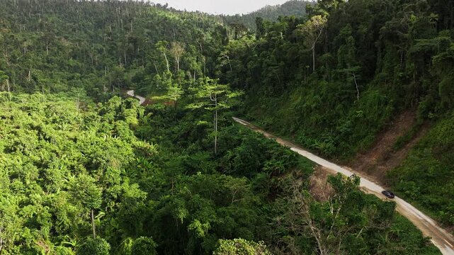 Aerial shot shows car on winding mountain road through lush valley in Palawan