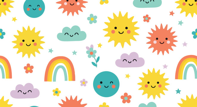 Cute Sun Rainbow Cloud Vector Pattern Seamless Kids Cartoon Background for Nursery Decor