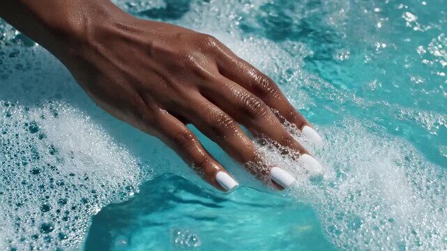 Hand with white nails in soapy water