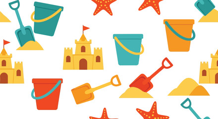Beach sandcastle vector pattern with colorful buckets, shovels, and starfish seamless background © azad