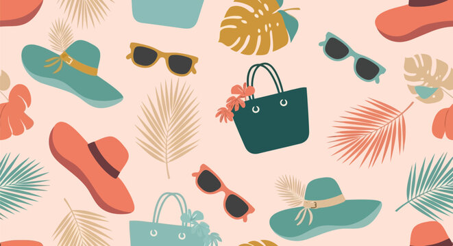 Summer Accessories Vector Pattern with Hats, Sunglasses, Bags and Tropical Leaves Seamless Design