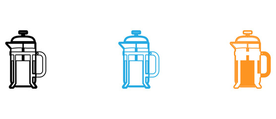 Three different styles of french press coffee makers shown in a comparative layout isolated on transparent background, Vector