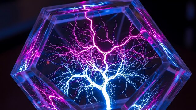 Hexagonal transparent object with glowing pink and blue Lichtenberg figure showcasing electrical discharge pattern in artistic design