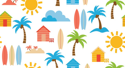 Obraz premium Summer Beach Vector Pattern with Palm Trees, Surfboards, Sun, and Beach Houses Seamless Design
