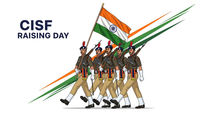 Illustration of Indian CISF soldiers marching with the national flag on CISF Raising Day, celebrating India's security forces with a patriotic design.
