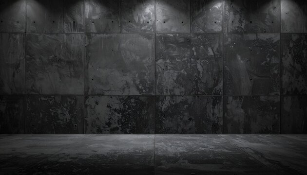 Sfondo scuro con pavimento e muro in cemento grezzo illuminato da faretti, texture industriale.
