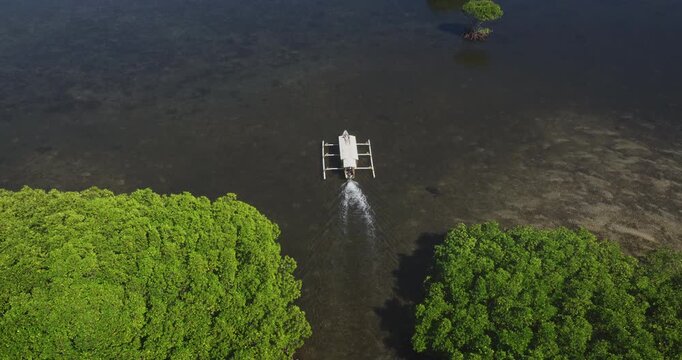 Gili Islands archipelago: outrigger boat navigates shallow tropical waters, lush green mangrove trees, captured from overhead drone perspective in Lombok. Large distant volcano under scattered clouds