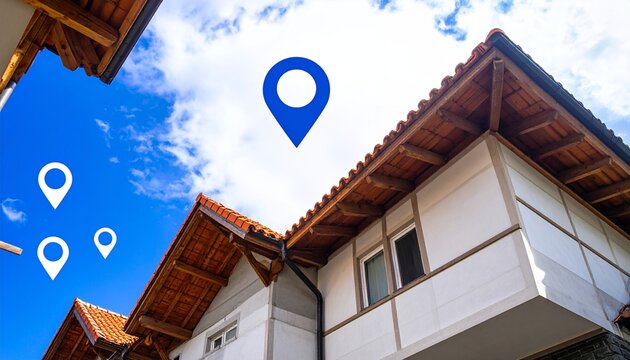 Icone segnaposto blu su cielo azzurro sopra tetti tradizionali in legno e intonaco bianco.