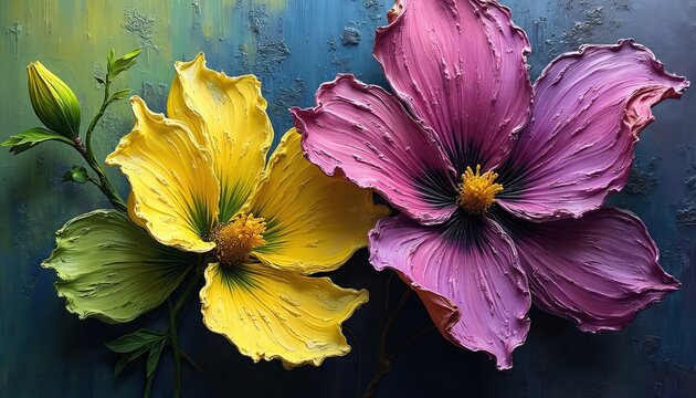 Textured painting shows large yellow and pink flowers with green leaves. Thick impasto paint creates dramatic effect on dark blue background. Artwork evokes floral beauty.