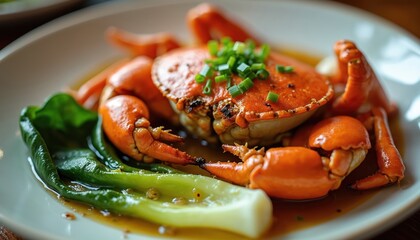 Whole steamed crab sits on white plate with bok choy in savory sauce. Garnished with chopped green onion. Delicious asian seafood dish ready for eating.