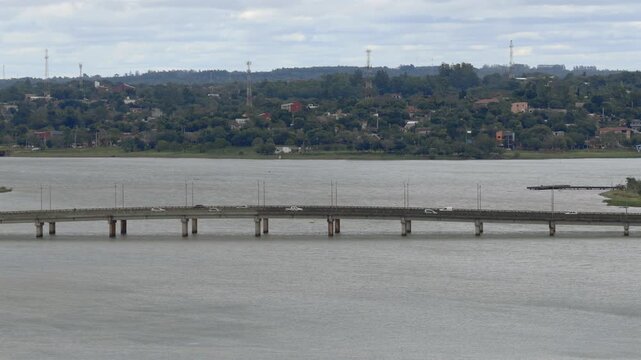 San Roque Gonz&aacute;lez de Santa Cruz Bridge, Cable-stayed Bridge Crossing The Paran&aacute; River In Encarnaci&oacute;n, Paraguay. Wide Shot