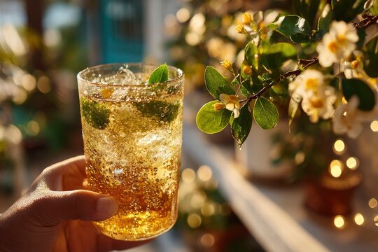 Sparkling Amber Drink in Glass Held Among Beautiful Blossoms