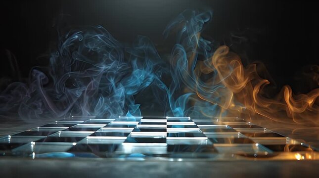 A chessboard is surrounded by ethereal smoke in shades of blue and orange, creating a dramatic and artistic composition