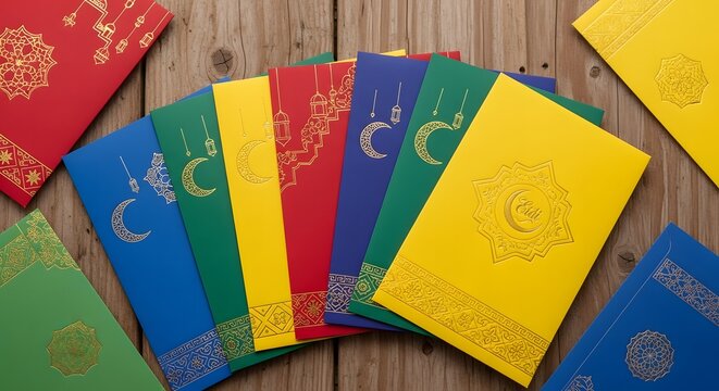 Colorful Eidi Envelopes with Gold Patterns for Eid Celebration