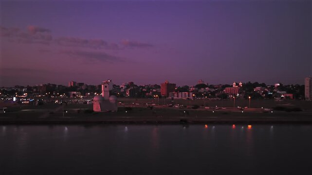 Night View Of The Playa San Jos&eacute; Along The Paran&aacute; River In Encarnaci&oacute;n, Paraguay. City Of The Paraguayan Summer. Aerial Shot