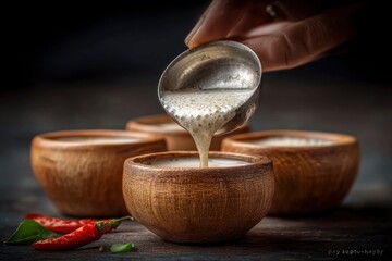 Traditional Butter Tea Pouring into Wooden Cups with Green Leaves