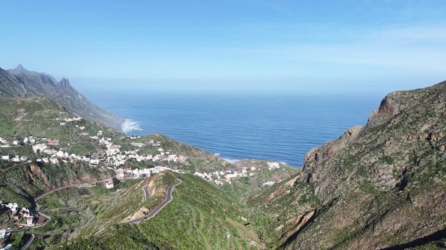 Remote mountain village Taganana Tenerife Spain ascending drone,aerial