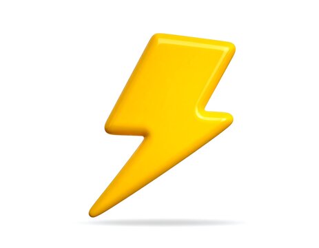 Glossy yellow, 3D rendered lightning bolt graphic on a white background with a subtle drop shadow beneath it