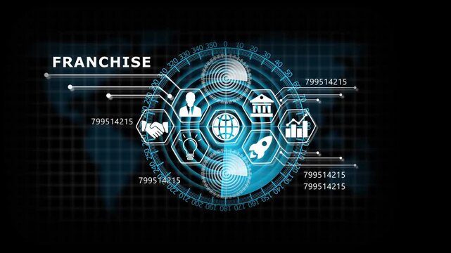 "FRANCHISE" Lifecycle on Futuristic Radar Technology Background. Business, Technology, Internet and network concept. 4k animation video