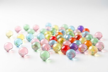 Colorful Transparent Glass Marbles on White Background with Bright Reflections
