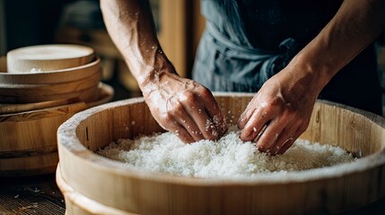 Fototapeta premium Mixing Rice with Vinegar for Perfect Sushi Preparation