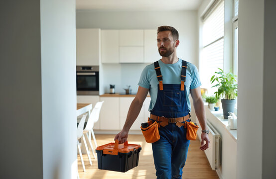 Man in blue overalls and tool belt walks with toolbox in modern apartment kitchen. He is a professional repairman ready to work inside a home. This service person prepares for job.