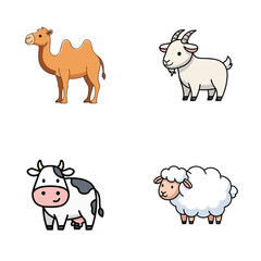 Obraz premium Cute Cartoon Farm Animals: Camel, Goat, Cow, and Sheep