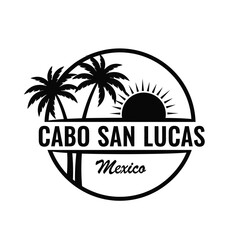 Obraz premium Vector illustration cabo san lucas mexico black and white logo with palm trees and sun