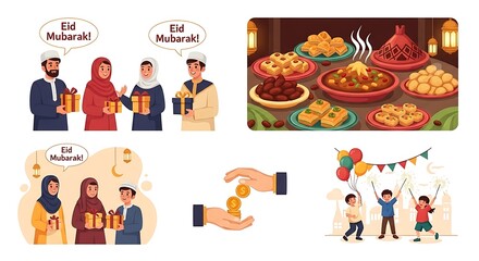 Fototapeta premium Eid celebrations featuring gifts food and joyful gathering illustrations