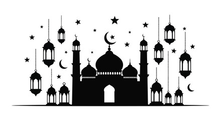 A striking black silhouette of a mosque with celestial elements for eid or ramadan celebrations silhouette high quality © MIRAJ02