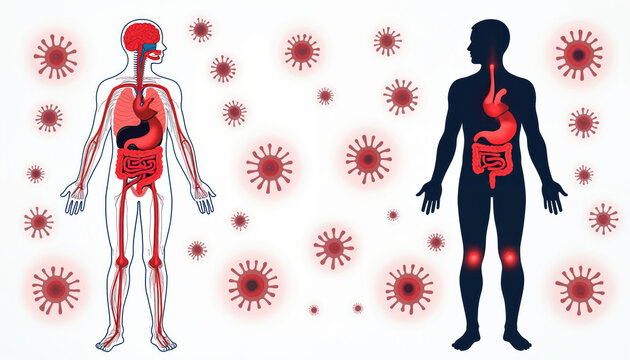 Human body systems shown with internal organs brain heart and gut highlighted red. Viral particles surround figures indicating infection disease or sickness. Inflammation shown on knees and throat.
