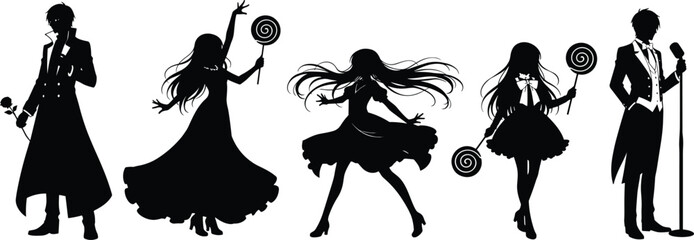 Elegant Anime Style Character Silhouettes with Lollipop and Microphone in Gothic Fashion Isolated on White Background Vector Illustration