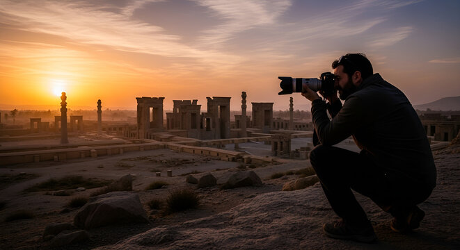 Photographer capturing ancient ruins at sunset