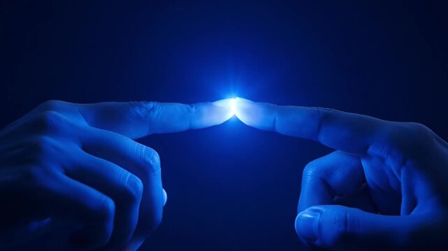 Glowing Neon Blue Fingers Touching Each Other Symbolizing Hope and Connection