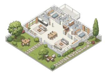 Obraz premium Isometric illustration of a modern office building with a courtyard and garden viewed from above