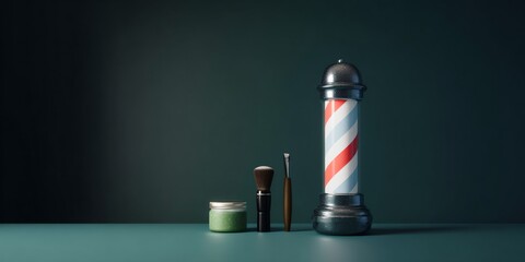 Barber pole with a brush and comb on the table