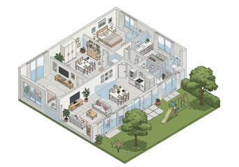 Obraz premium Isometric illustration of a modern house with detailed interior and exterior landscape