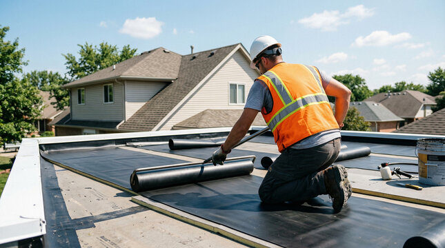 Worker Installing Epdm Roofing Material On A Resid Delpmaspu