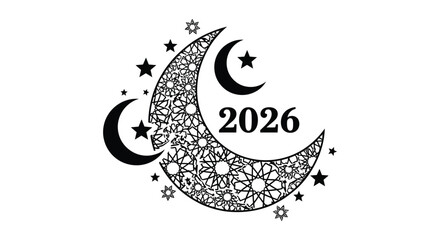 Islamic crescent moon and stars with the year 2026 a striking black silhouette high quality professional detailed modern © MIRAJ02