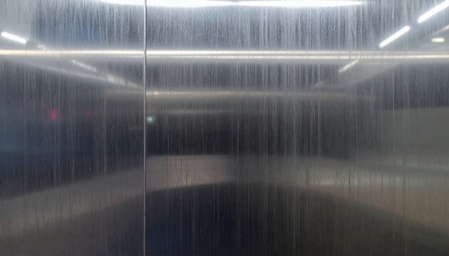 Interno ascensore moderno con pareti in acciaio inox spazzolato riflettente e luci al neon.