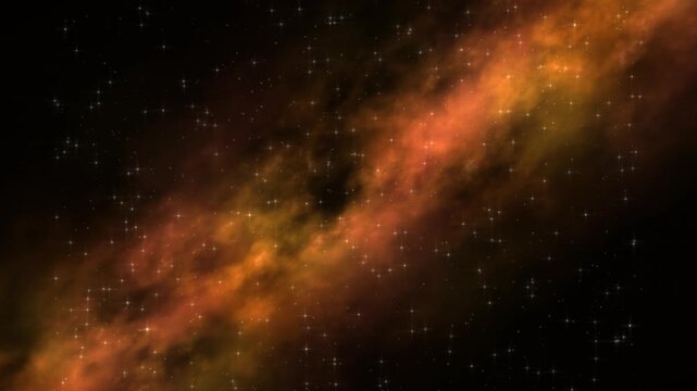 Orange nebula swirls across star-speckled black background