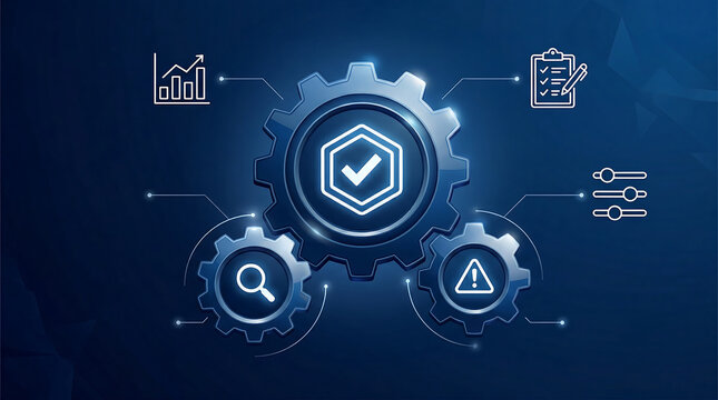 Quality Assurance And Risk Management Concept With Checkmark Gear Warning And Audit Icons On Dark Blue Technology Background