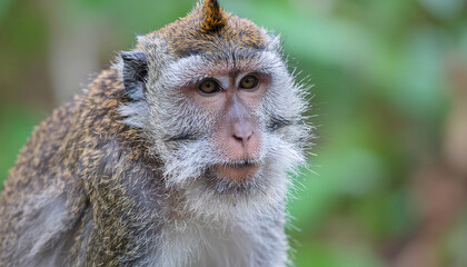 Obraz premium Macaque monkey portrait in a lush green forest, facing the camera directly with a close-up view